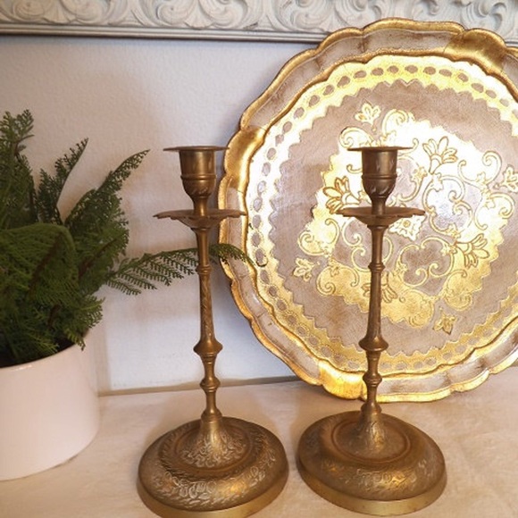Vintage etched Brass Other - Vintage Pair Tall Brass Candleholders Etched BOHO